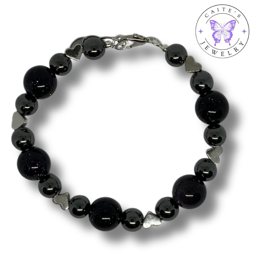 Handmade Silver Wire Bracelet with Purple Goldstone and Silver Heart Beads